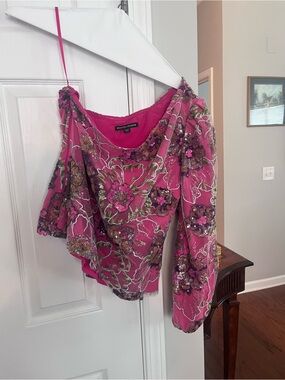 Boston Proper Hot Pink One-Shoulder Embellished Floral Blouse